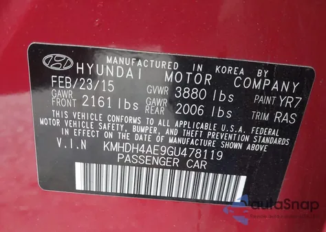 2016 Hyundai Elantra Se from USA, damaged, VIN KMHDH4AE9GU478119